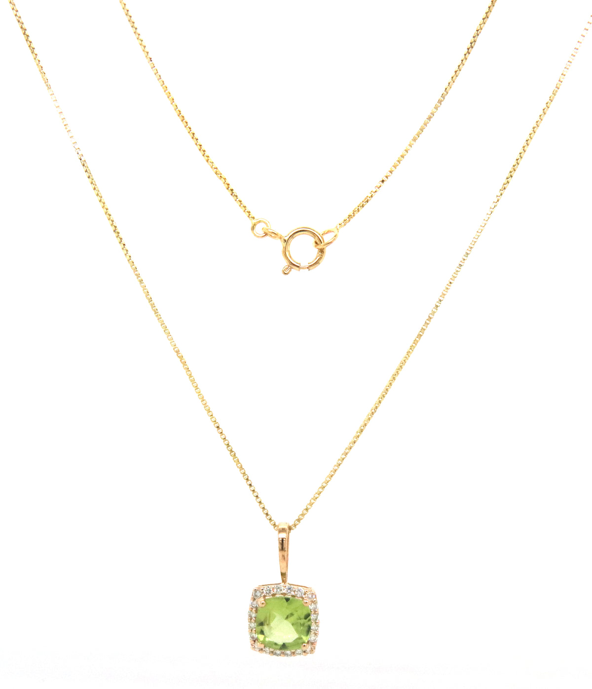10kt Yellow gold Peridot and diamond pendant on chain