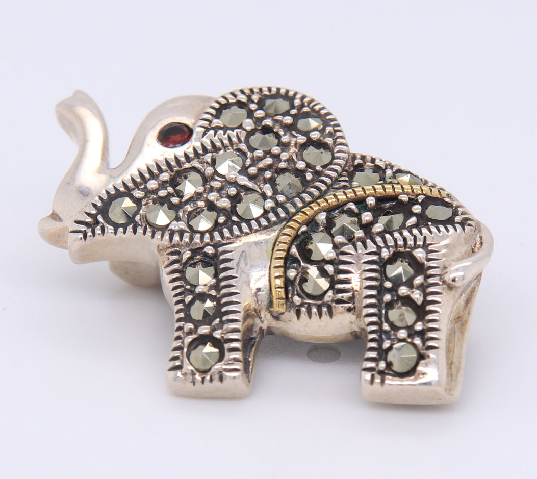 925 Sterling Silver Marcasite Elephant Brooch with Ruby Eye