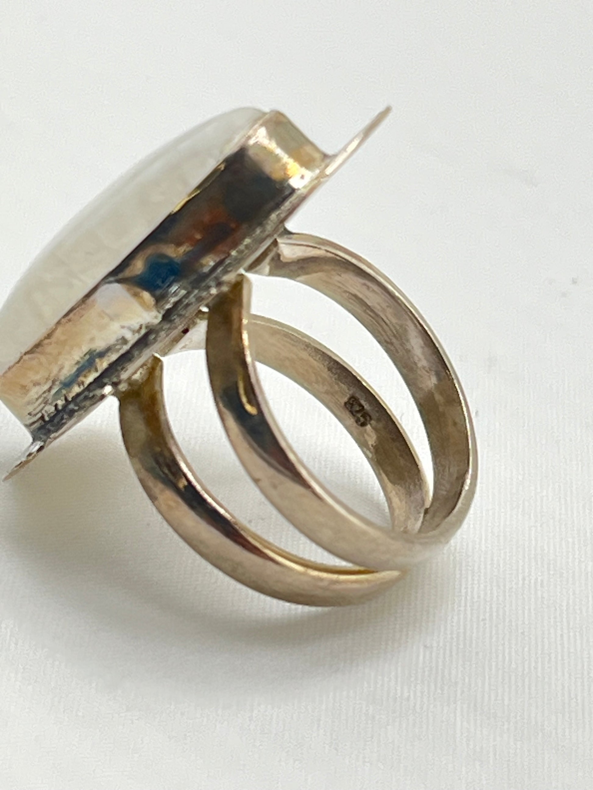 925 Sterling Silver Boho Style Large Rainbow Moonstone Ring