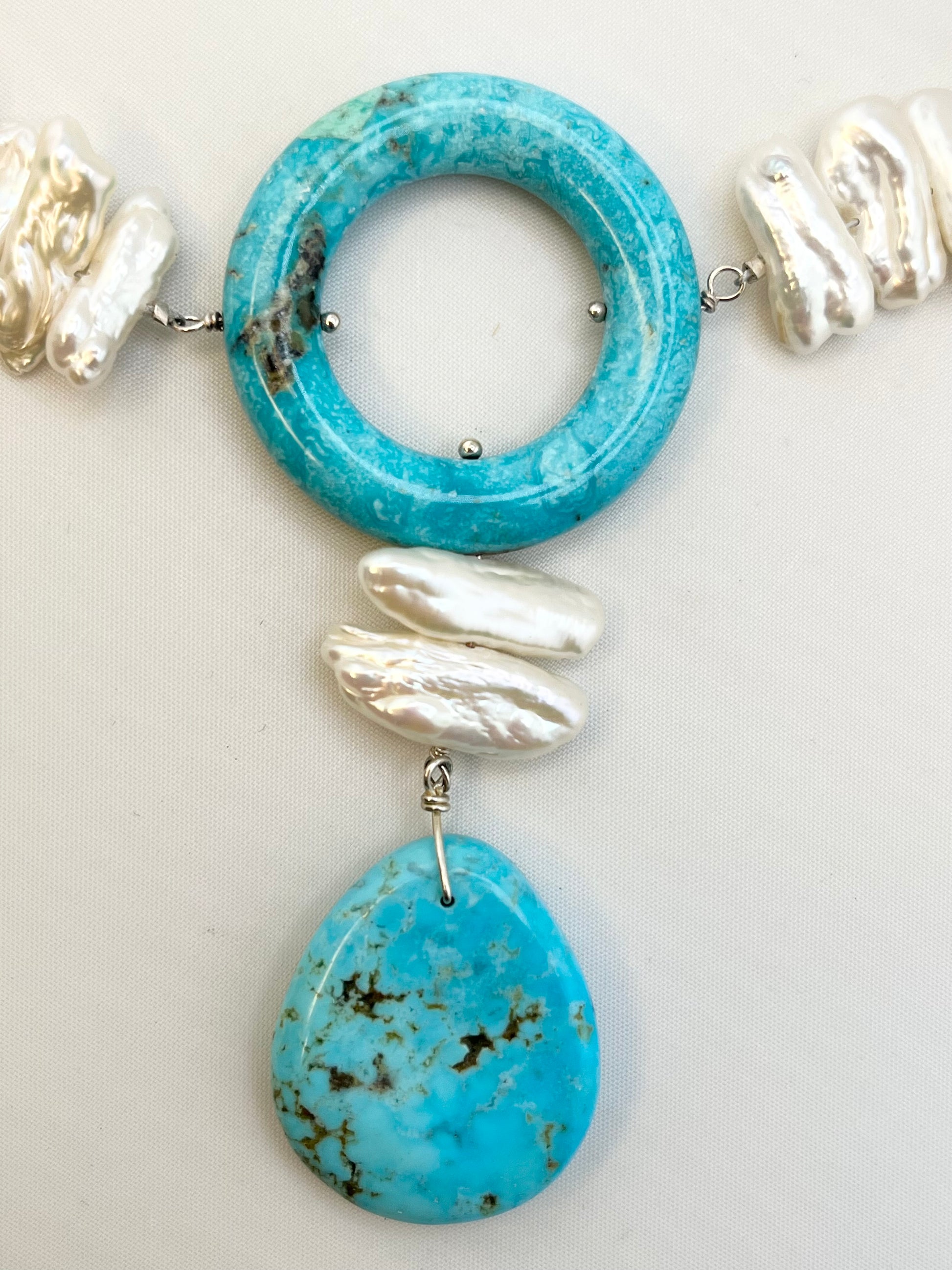 925 Sterling Silver Jay king Biwa Pearl And Turquoise Necklace