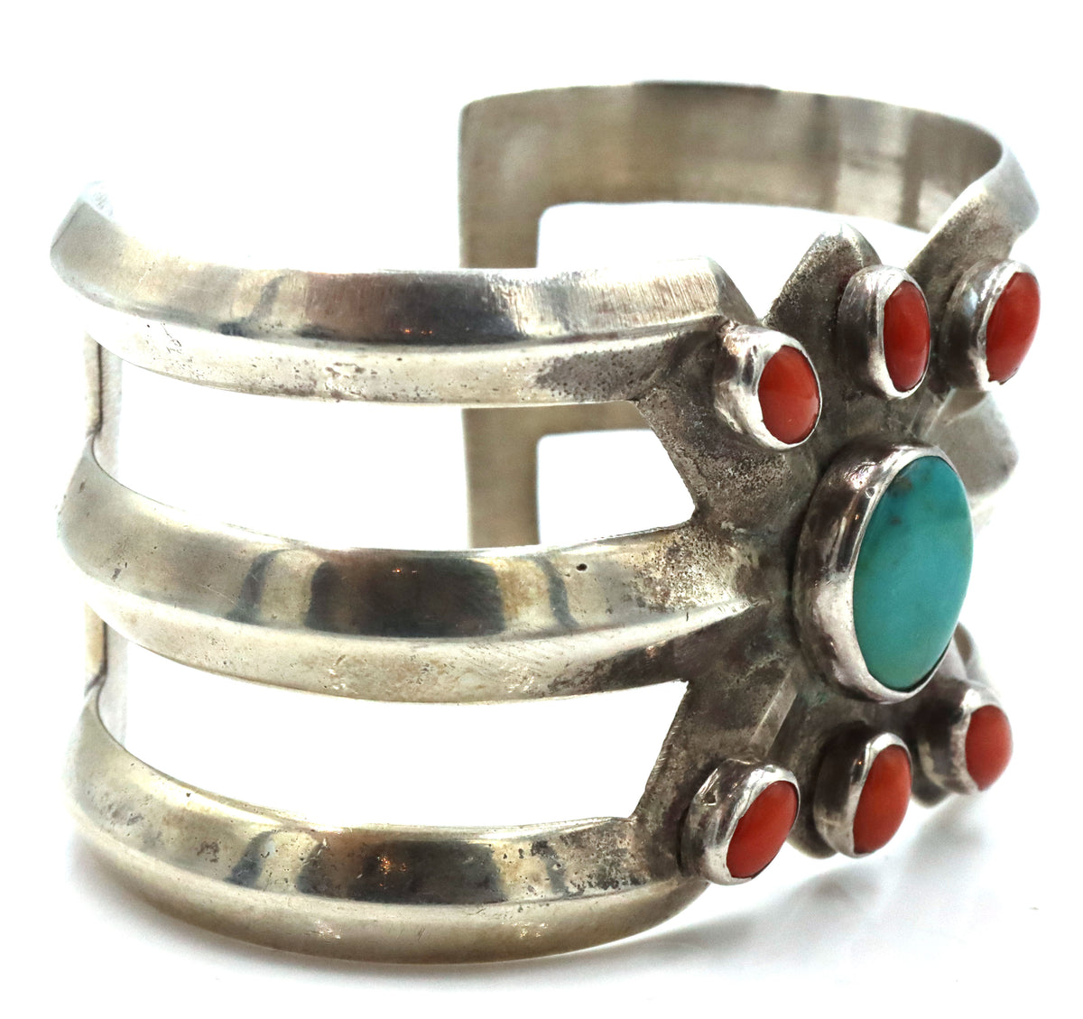 925 Sterling Silver Vintage Coral Turquoise Cuff Bracelet