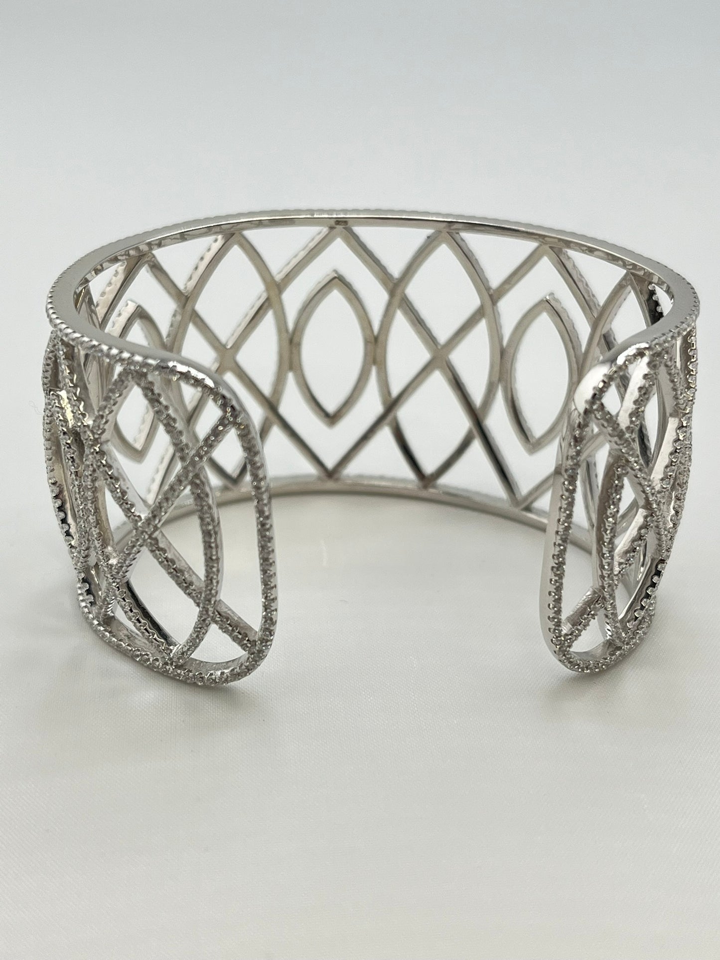 925 Sterling Silver Rhinestone Oval And Rhombus Design Wide Cuff Bracelet