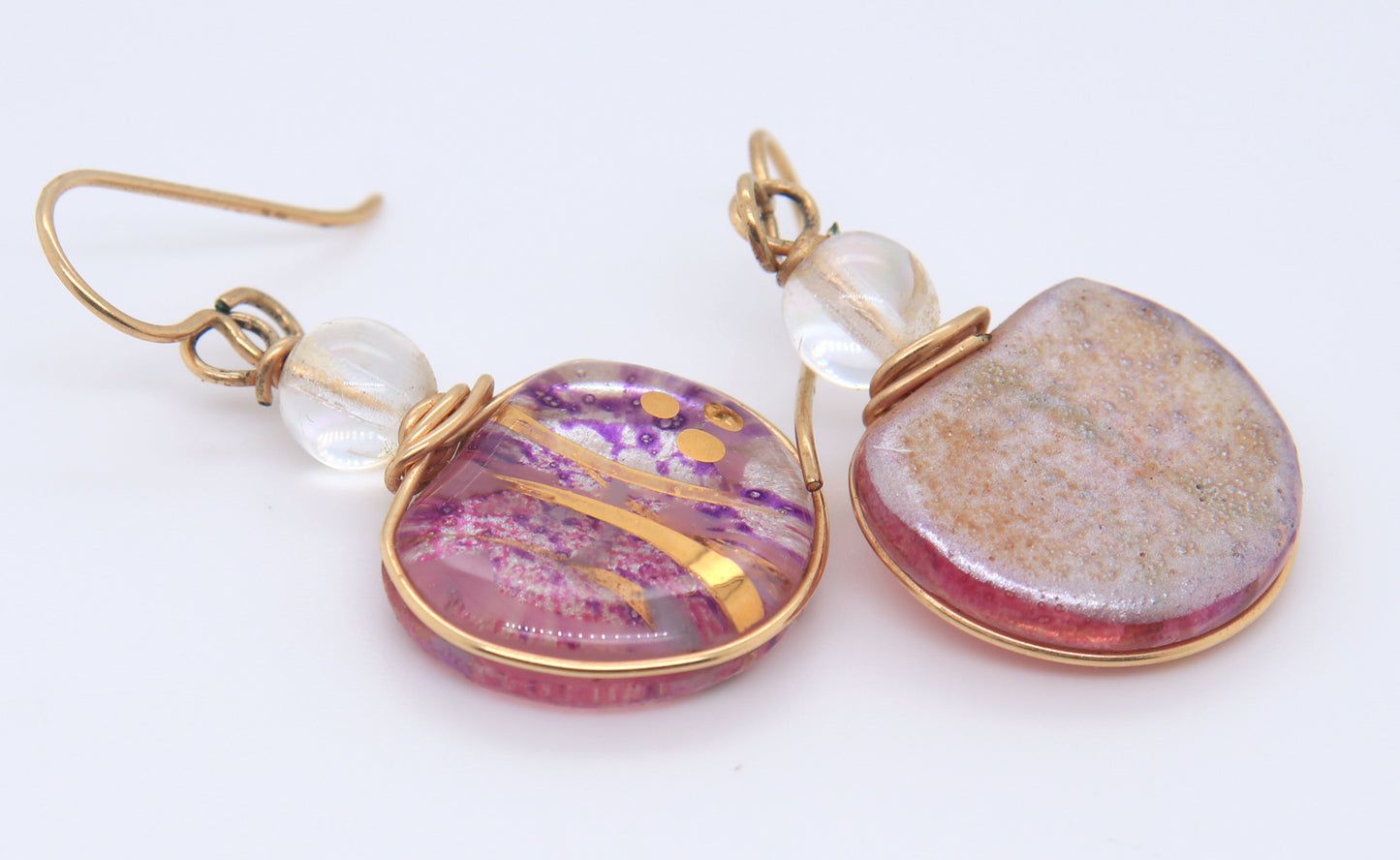 Beautiful Yellow Gold Pink Glass Dangle Earrings