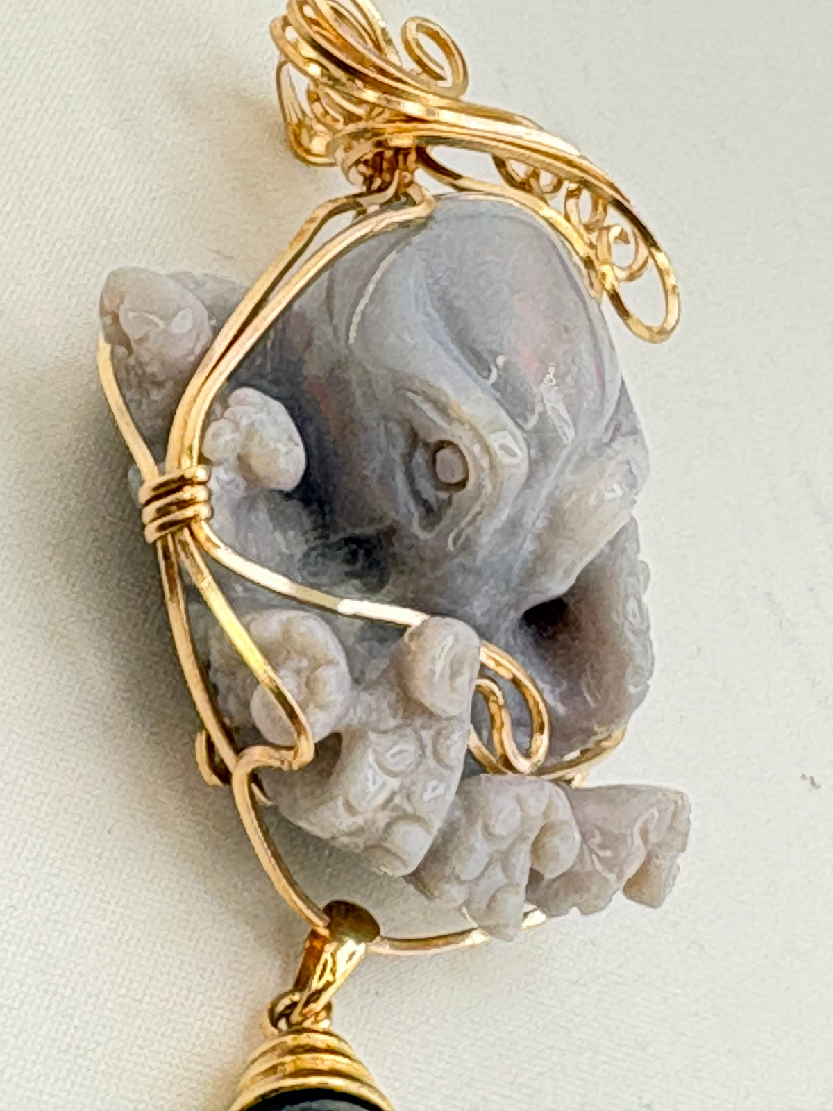 14KT Yellow Gold Hand Carved Jade Octopus  Wrapped In Wire Gold With Pearl Drop Pendant