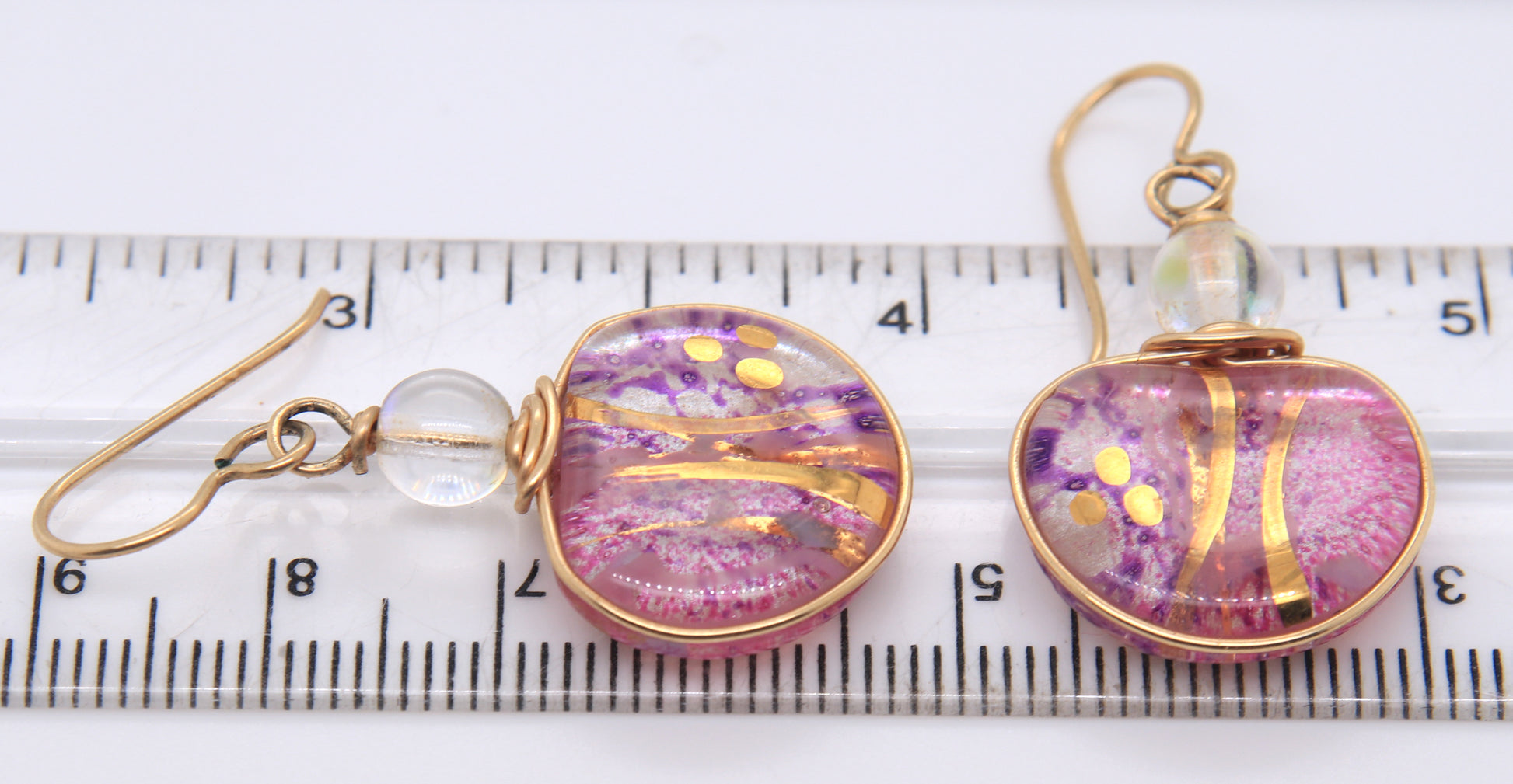 Beautiful Yellow Gold Pink Glass Dangle Earrings