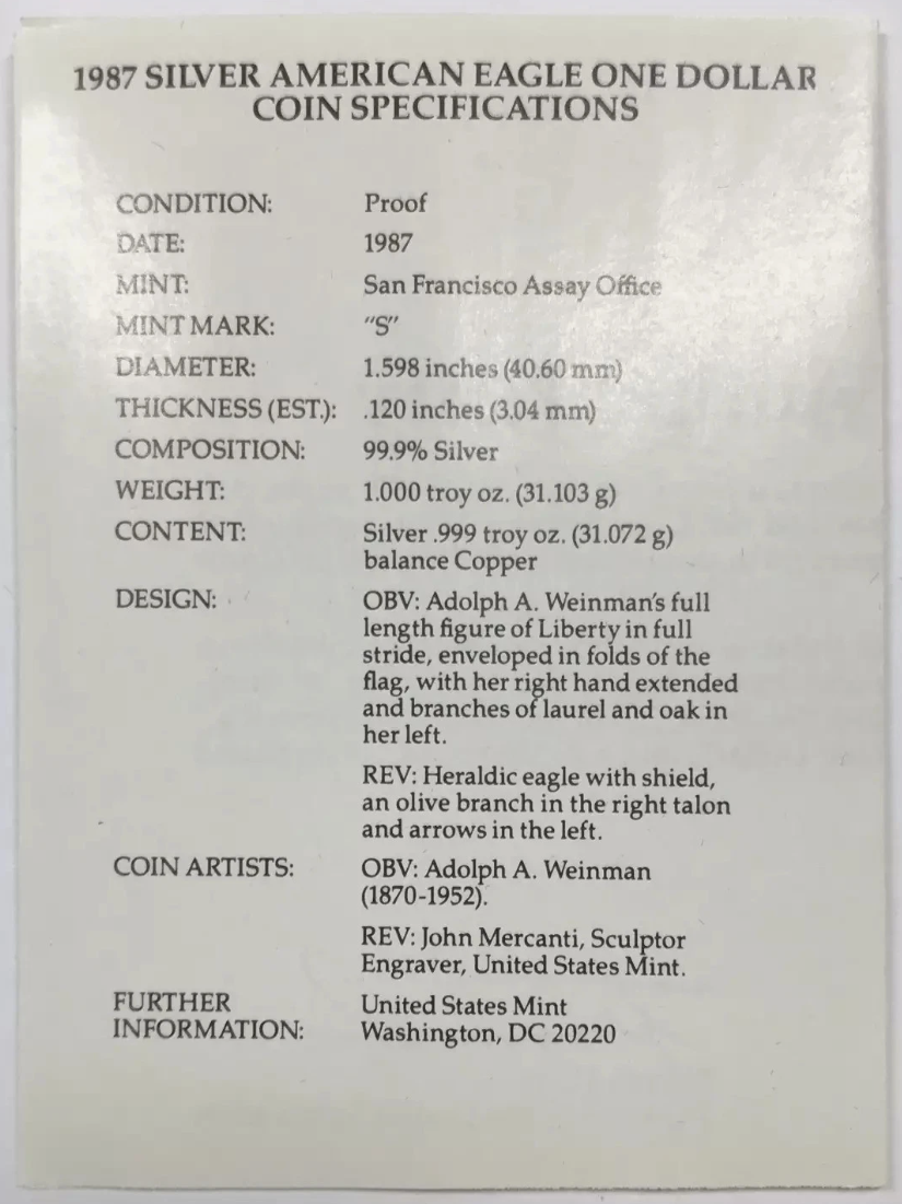 1987-S American Silver Eagle PROOF 1 Oz Silver Coin With Box and COA