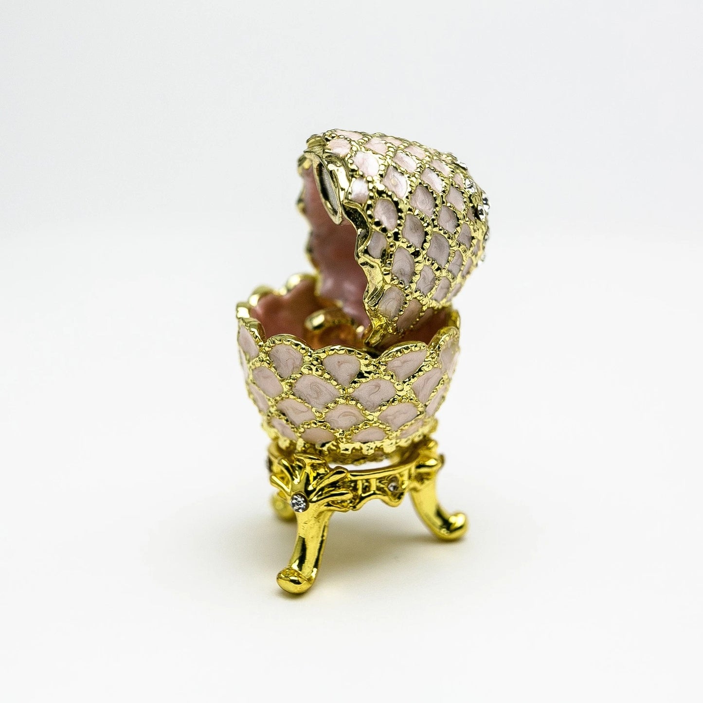 Hand-Painted Golden Pink Enamel Egg Trinket Box with Crystal Accents