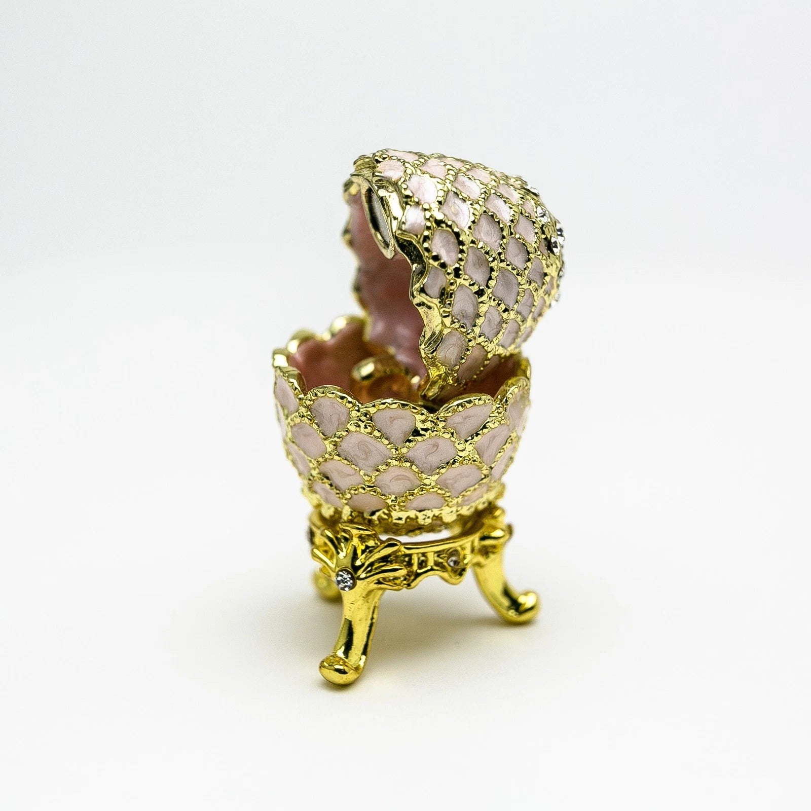 Hand-Painted Golden Pink Enamel Egg Trinket Box with Crystal Accents