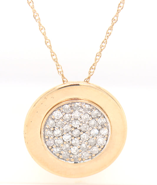 14kt Yellow gold pave diamond disk pendant on chain necklace