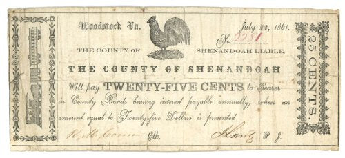 1861 County of Shenandoah, Virginia 25 Cents Obsolete Note Civil War Emergency Scrip
