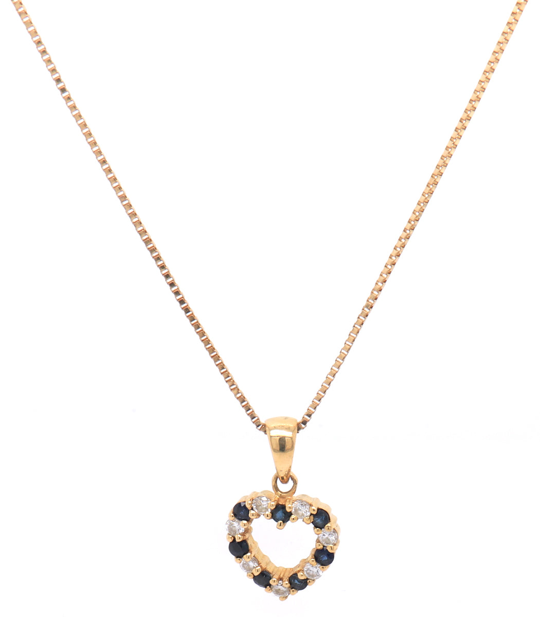 Charming 14KT Yellow Gold Sapphire and Diamond Heart Shaped Pendant on Chain