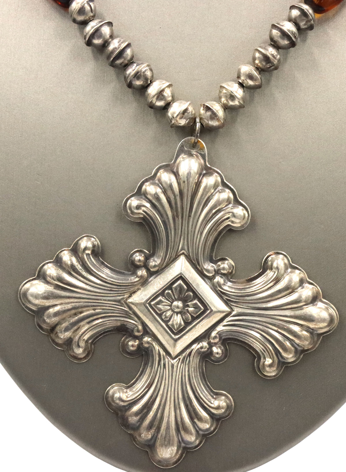 925 Sterling Silver 1973 Reed & Barton Large Cross Pendant  With Silver beads Necklace