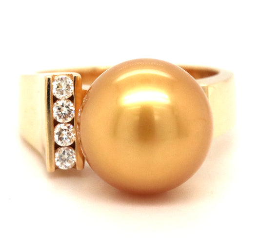 14KT Yellow Gold 11mm Luminous Golden Pearl Paired With Delicate Row Of Natural Diamond On One Side 