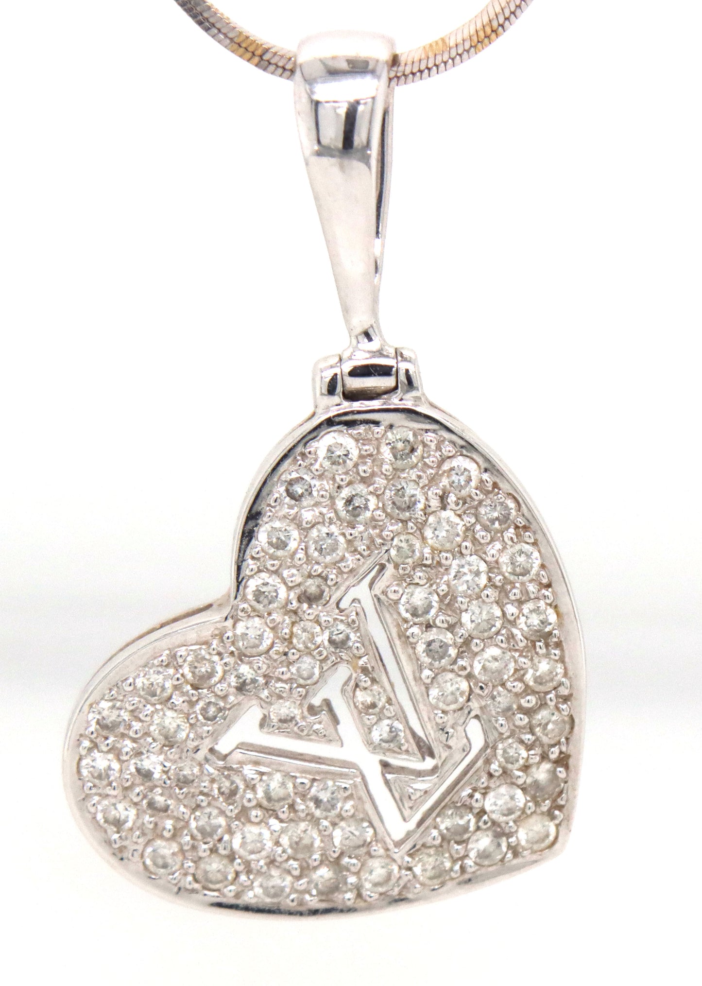 18kt White gold LV diamond heart shaped pendant on Italian chain necklace