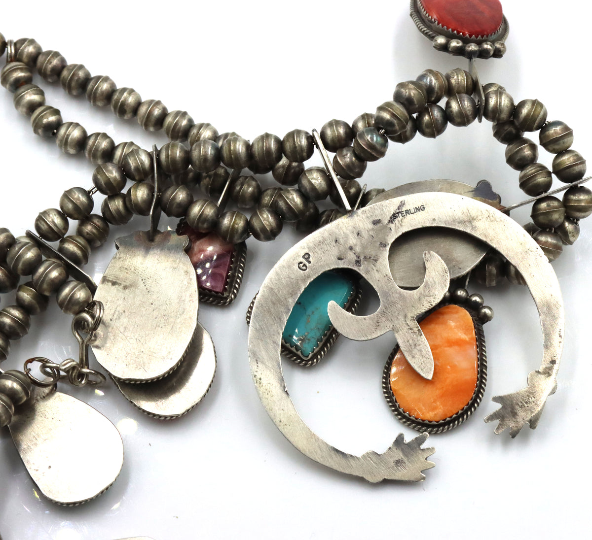 925 Sterling Silver Native American Navajo Squash Blossom Turquoise And Color Stones Necklace