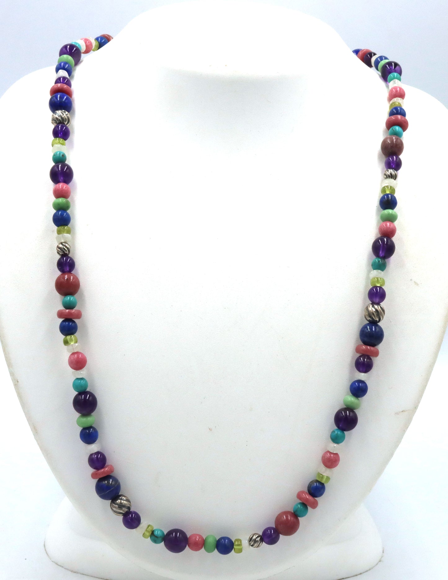 Multi color gemstone and silver beaded necklace