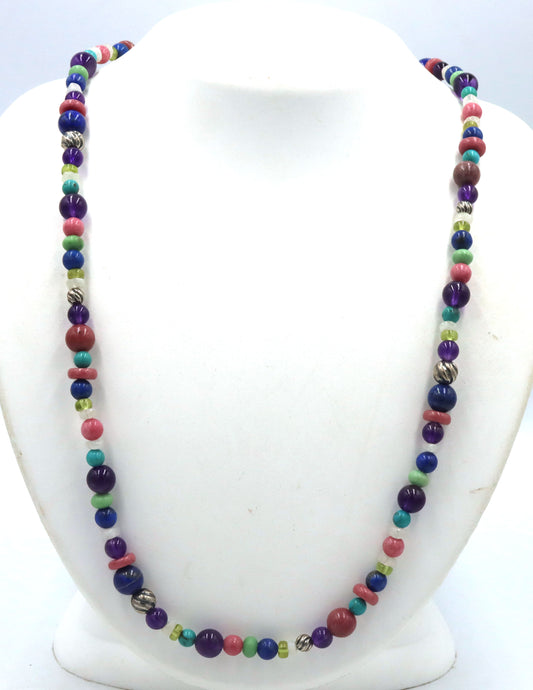 Multi color gemstone and silver beaded necklace