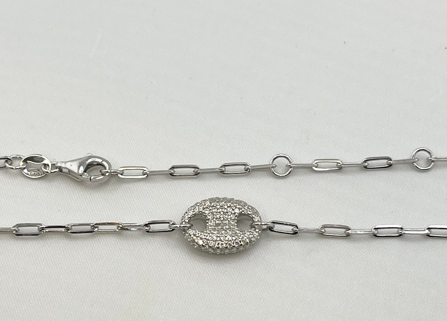 925 Sterling Silver Full Crystal pave Interlocking Circle Pendant With Paperclip Chain Necklace