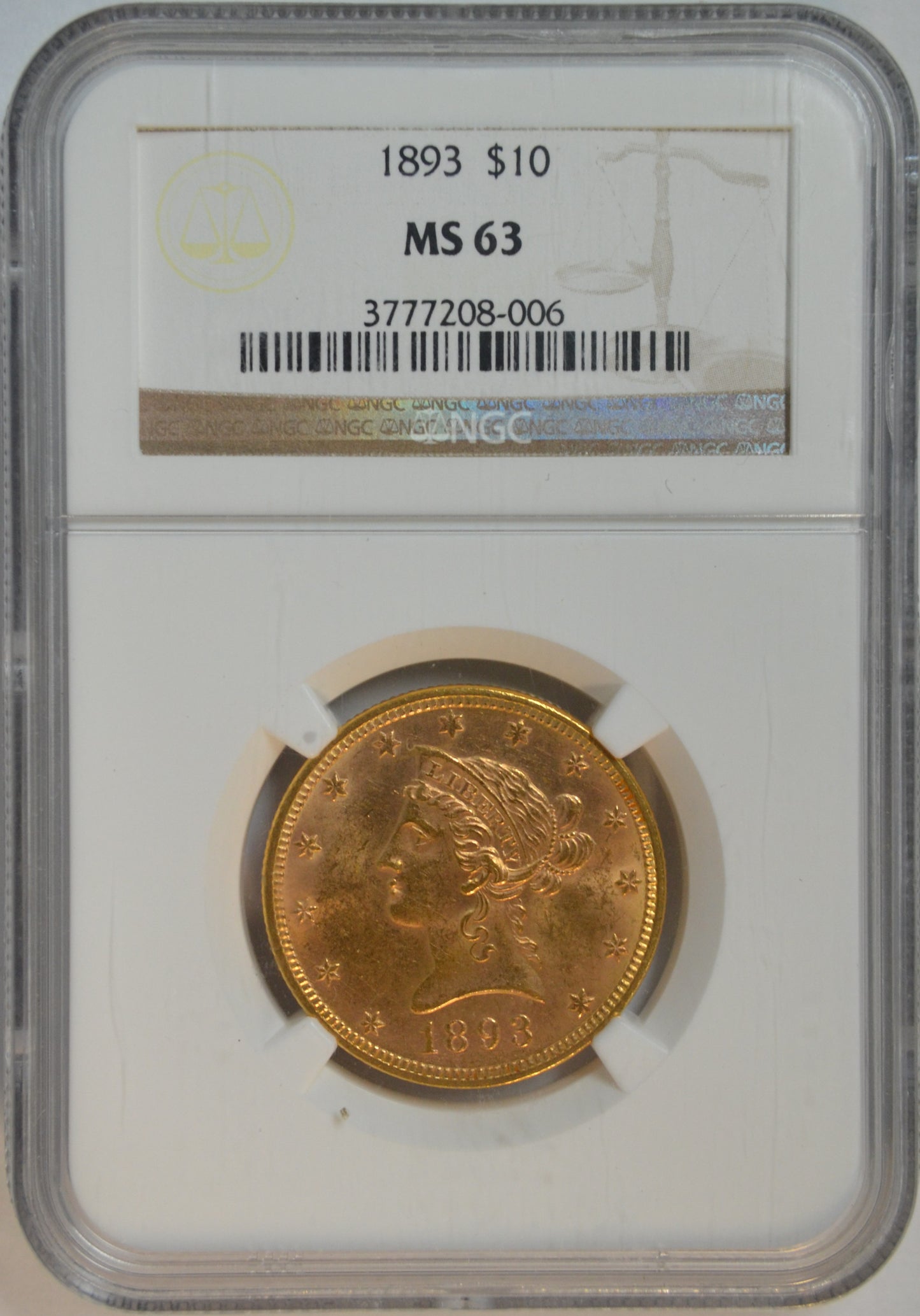 1893 $10 Liberty Gold Piece Coin NGC MS63