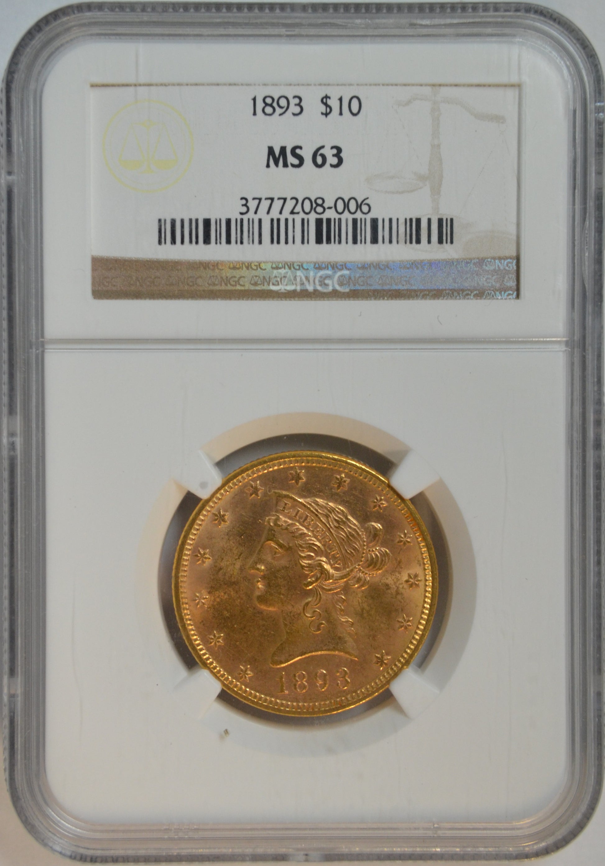 1893 $10 Liberty Gold Piece Coin NGC MS63