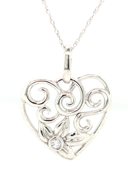 14kt White gold diamond swirl heart pendant on chain