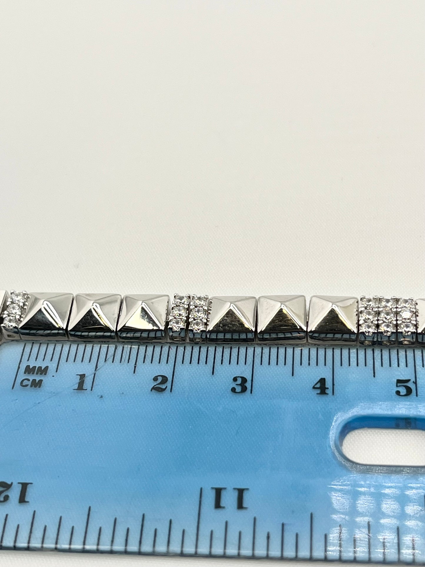 925 Sterling Silver Alternative Polished Pyramid link With Crystal Pave Bracelet
