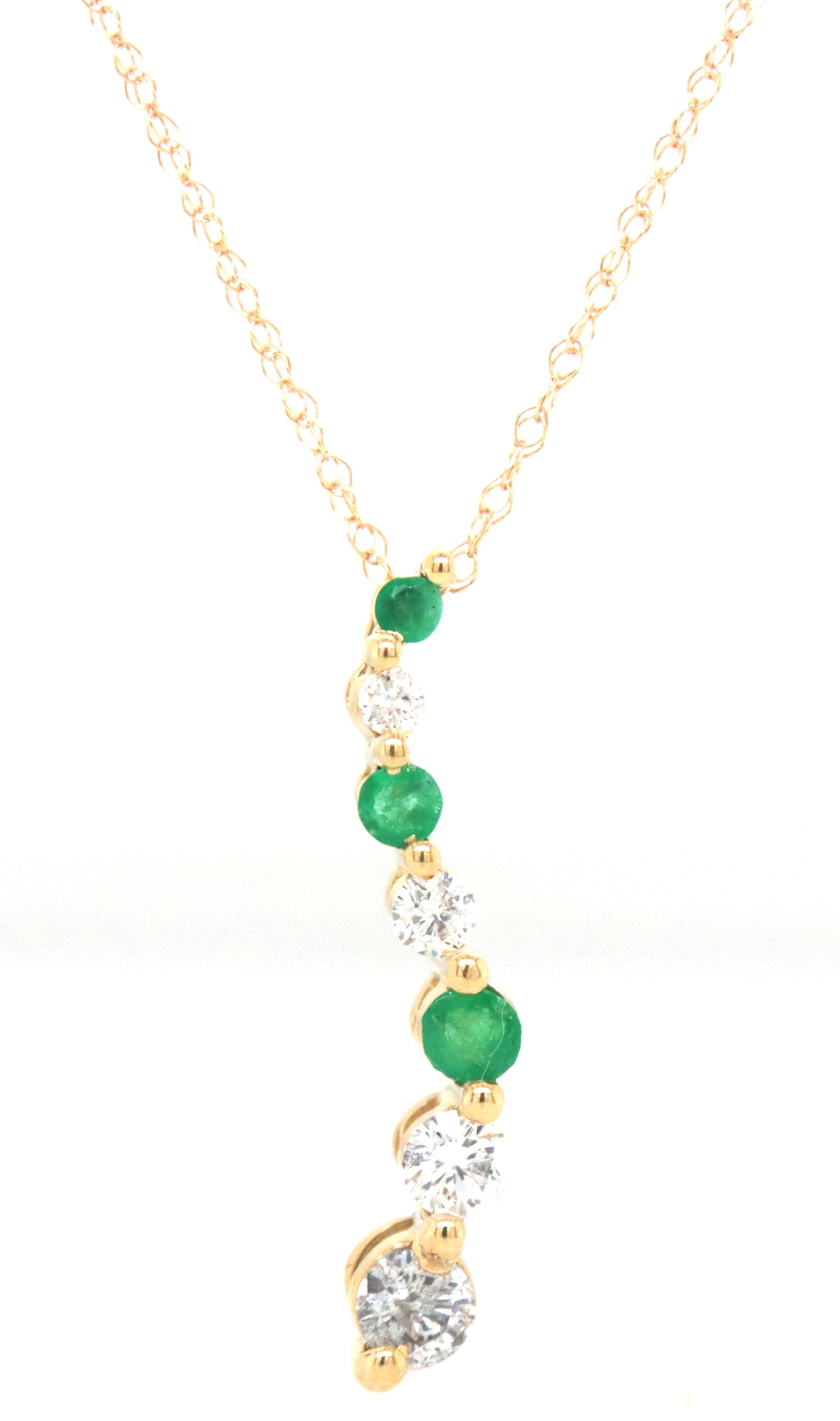 14kt Yellow gold emerald and diamond Journey pendant on chain