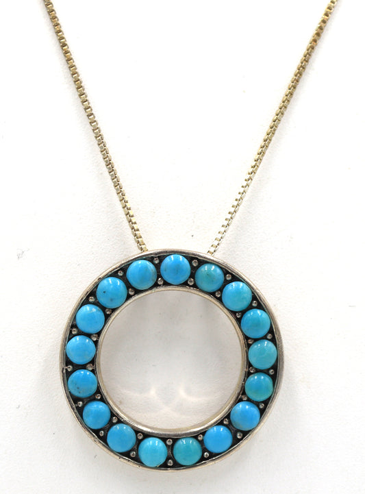 Vintage 925 sterling silver signed turquoise pendant on box chain