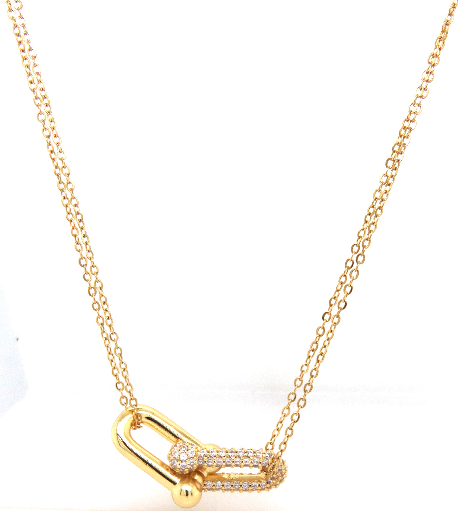 Stainless steel crystal pendant double row chain necklace