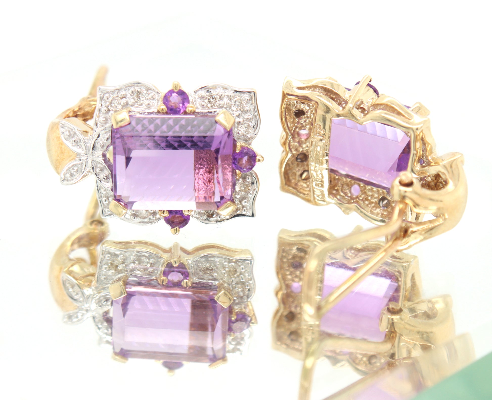 14kt two tone gold amethyst and diamond frame clip on earrings