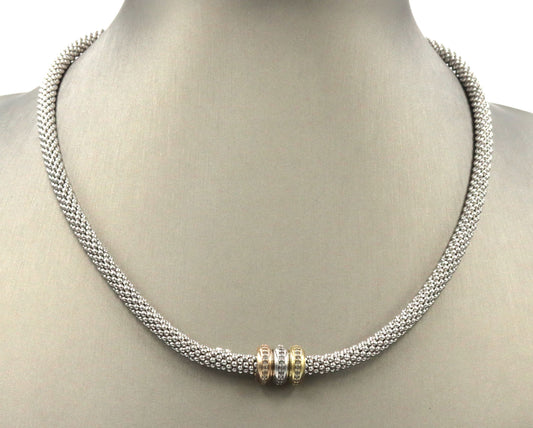 925 Sterling silver Tri color Mesh collar necklace with diamonds