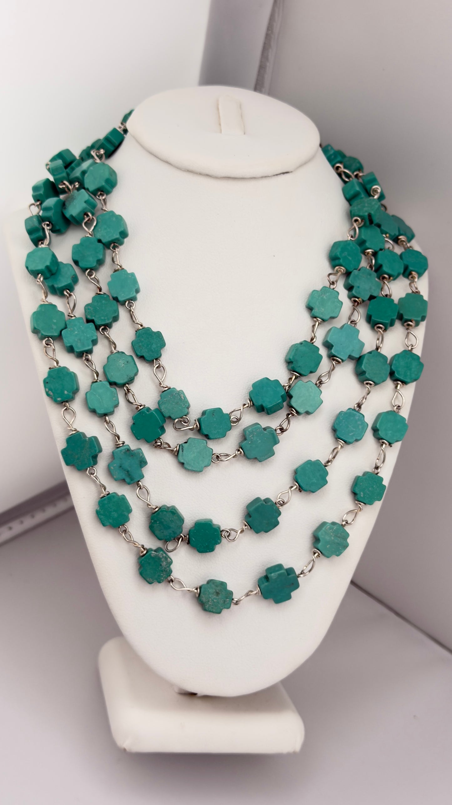 925 Sterling Silver Long Cross shape Turquoise Bead Necklace