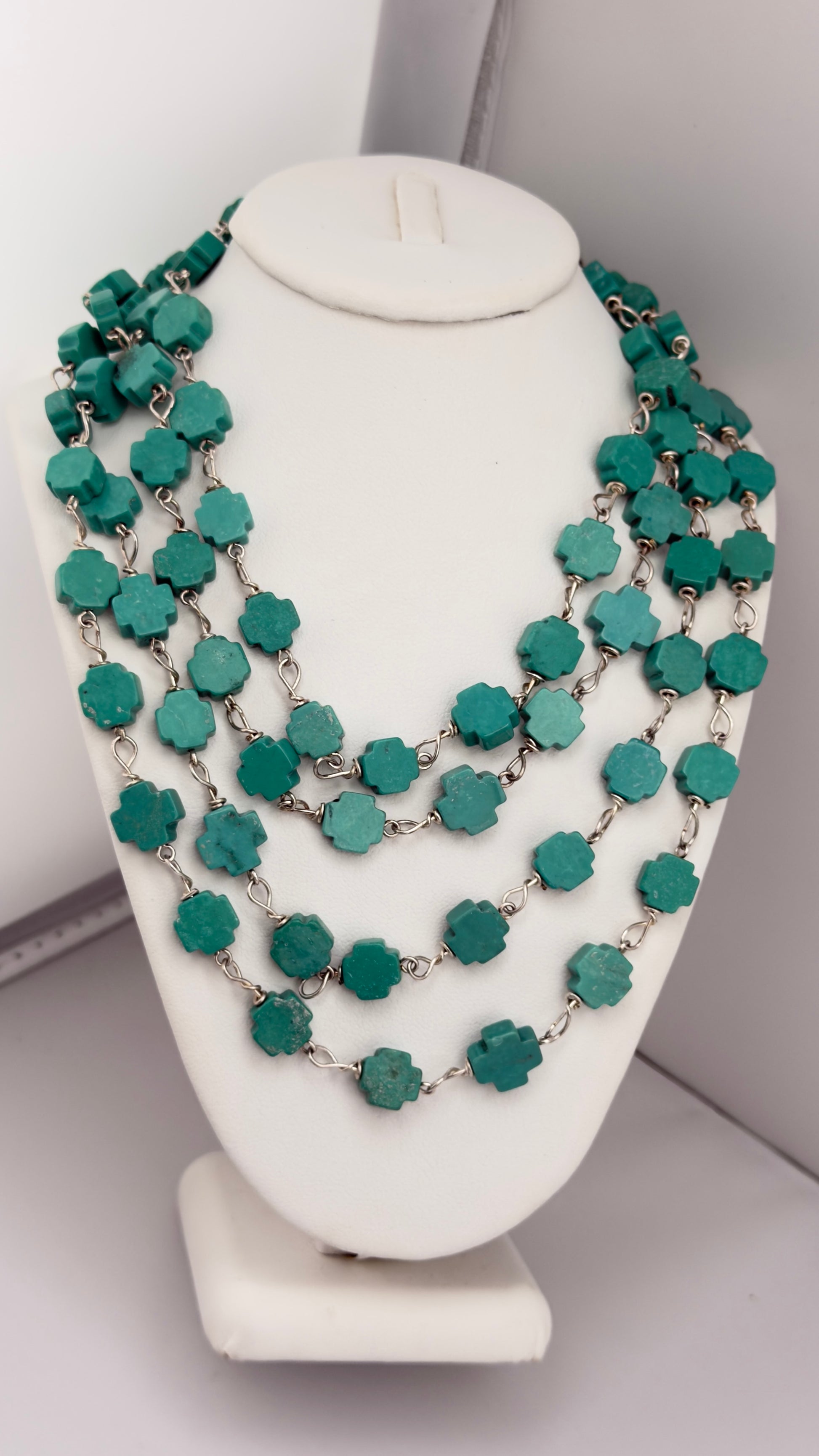 925 Sterling Silver Long Cross shape Turquoise Bead Necklace