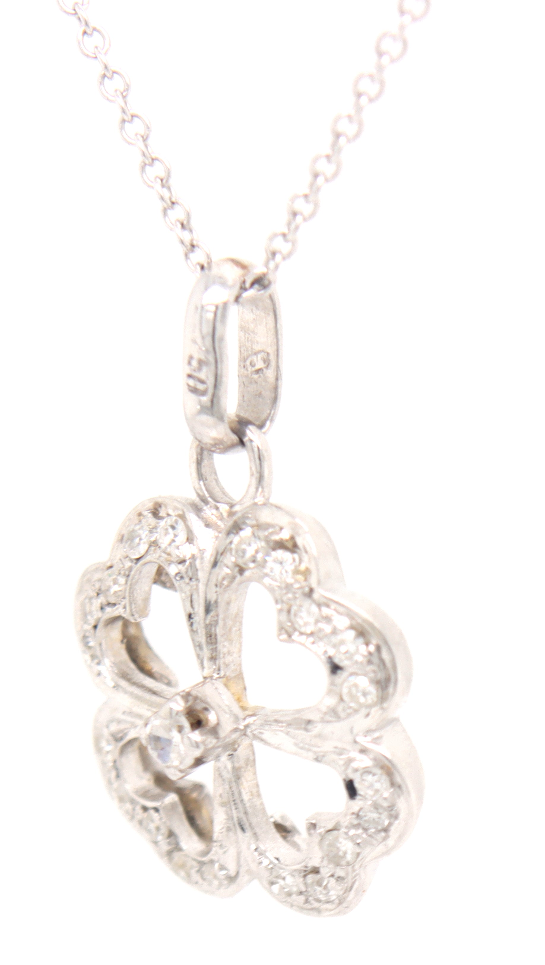 18kt White gold diamond heart clover charm pendant on chain
