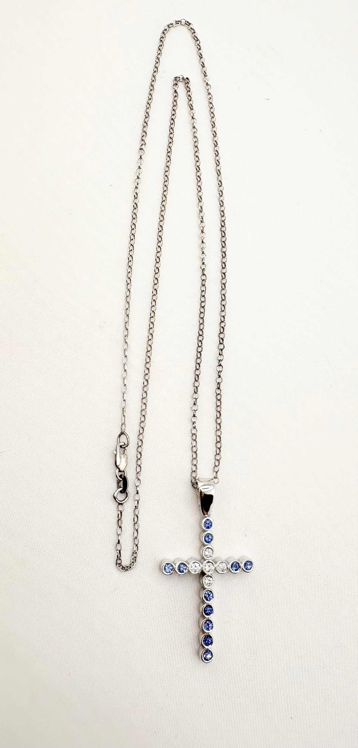 14KT White Gold Bezel Set Natural Diamond And Blue Sapphires  With Cable Style Italian Chain Necklac