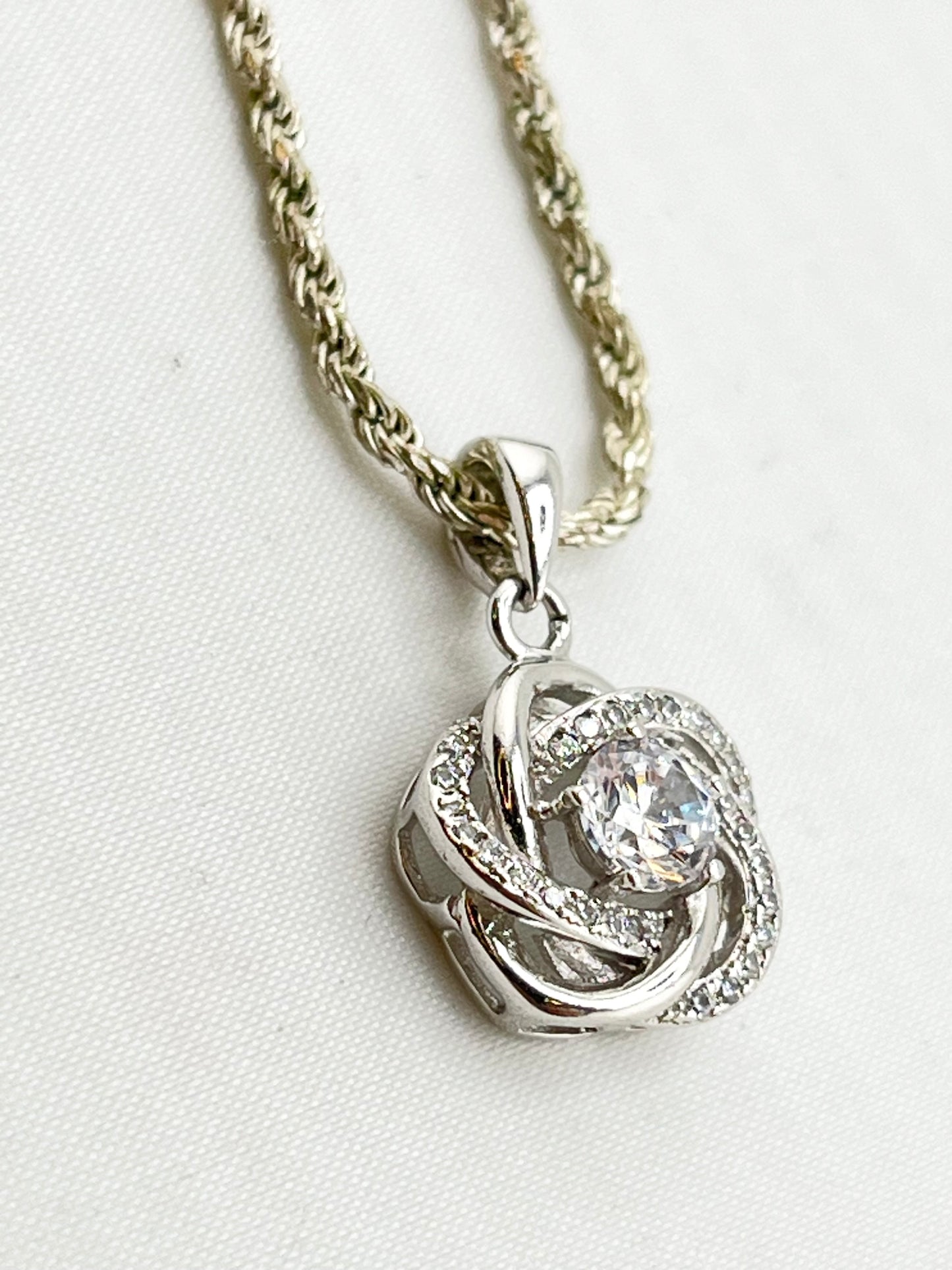 Italian 925 Sterling Silver Infinity Love Knot CZ Pendant with Rope Chain Necklace
