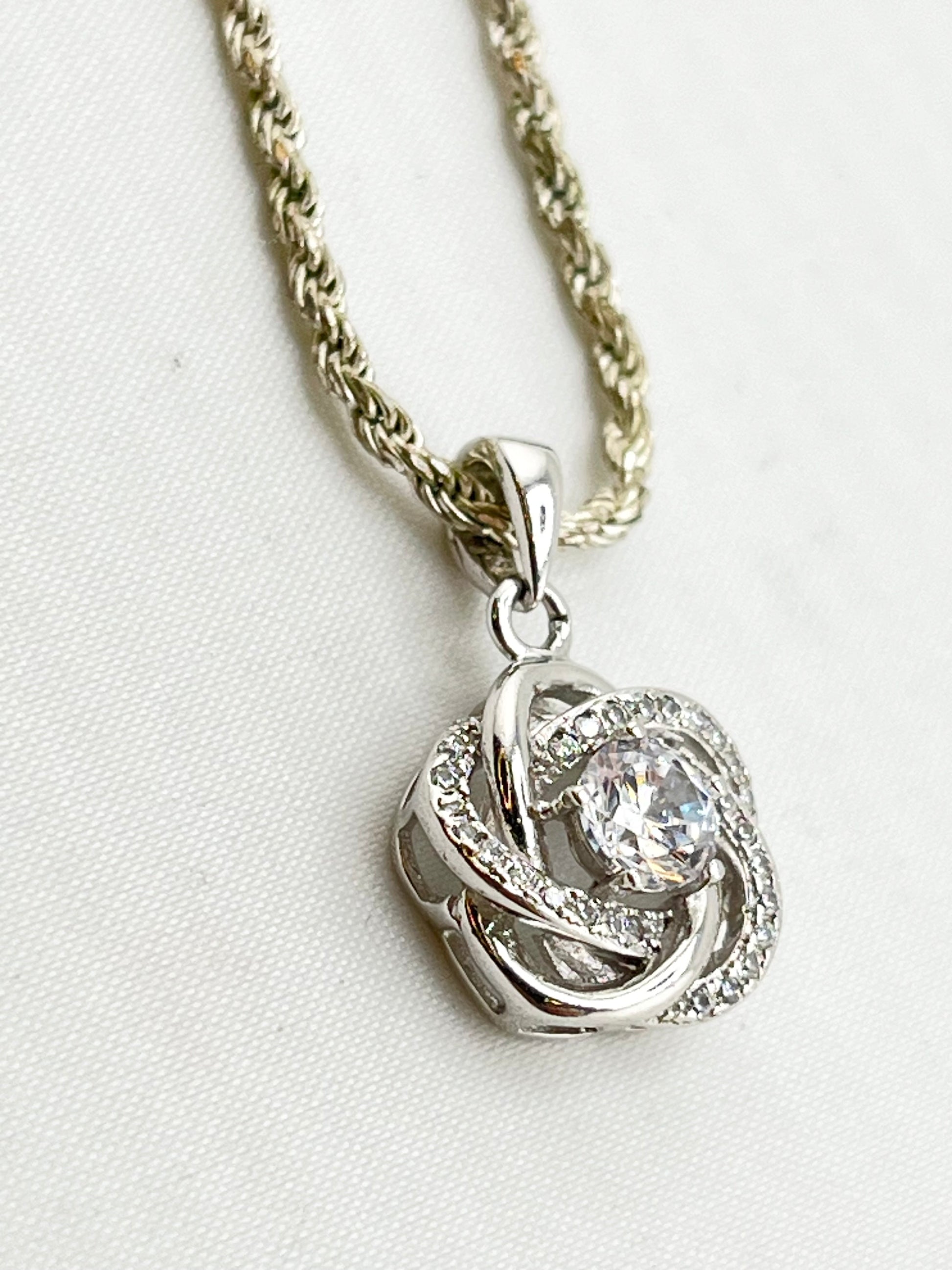 Italian 925 Sterling Silver Infinity Love Knot CZ Pendant with Rope Chain Necklace