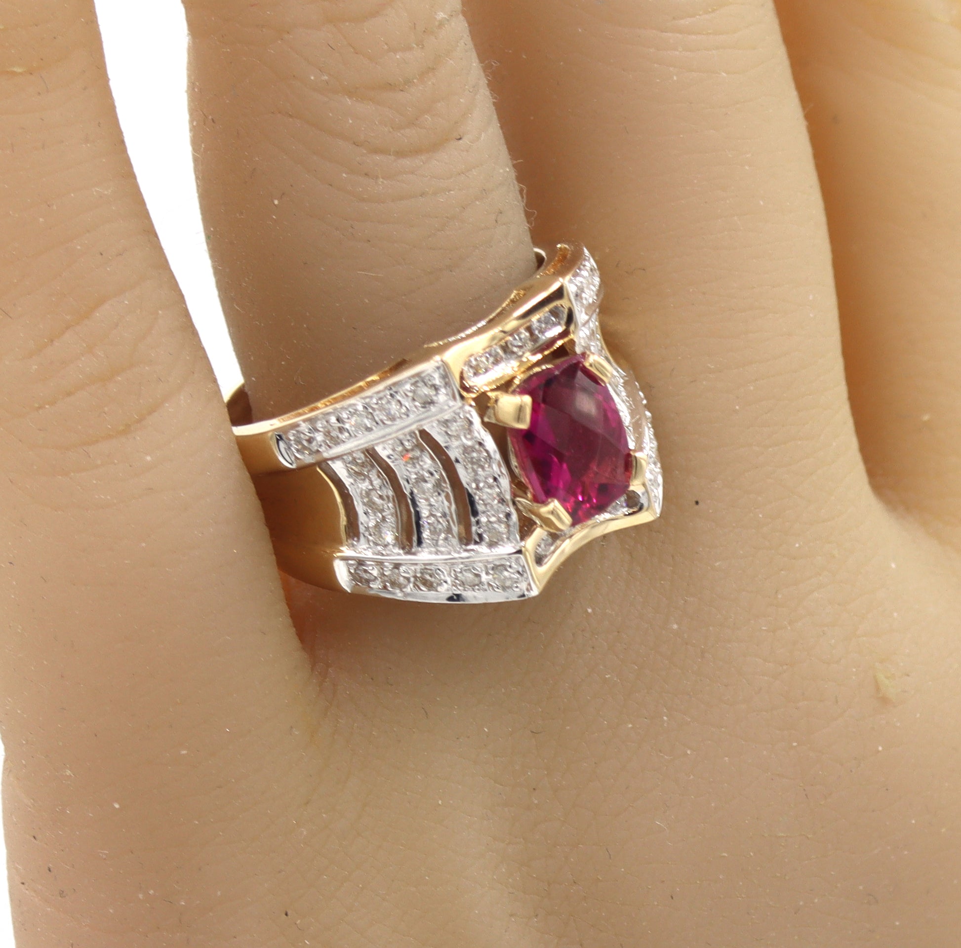 14kt Yellow gold 1.50ctw pink tourmaline and diamond wide band