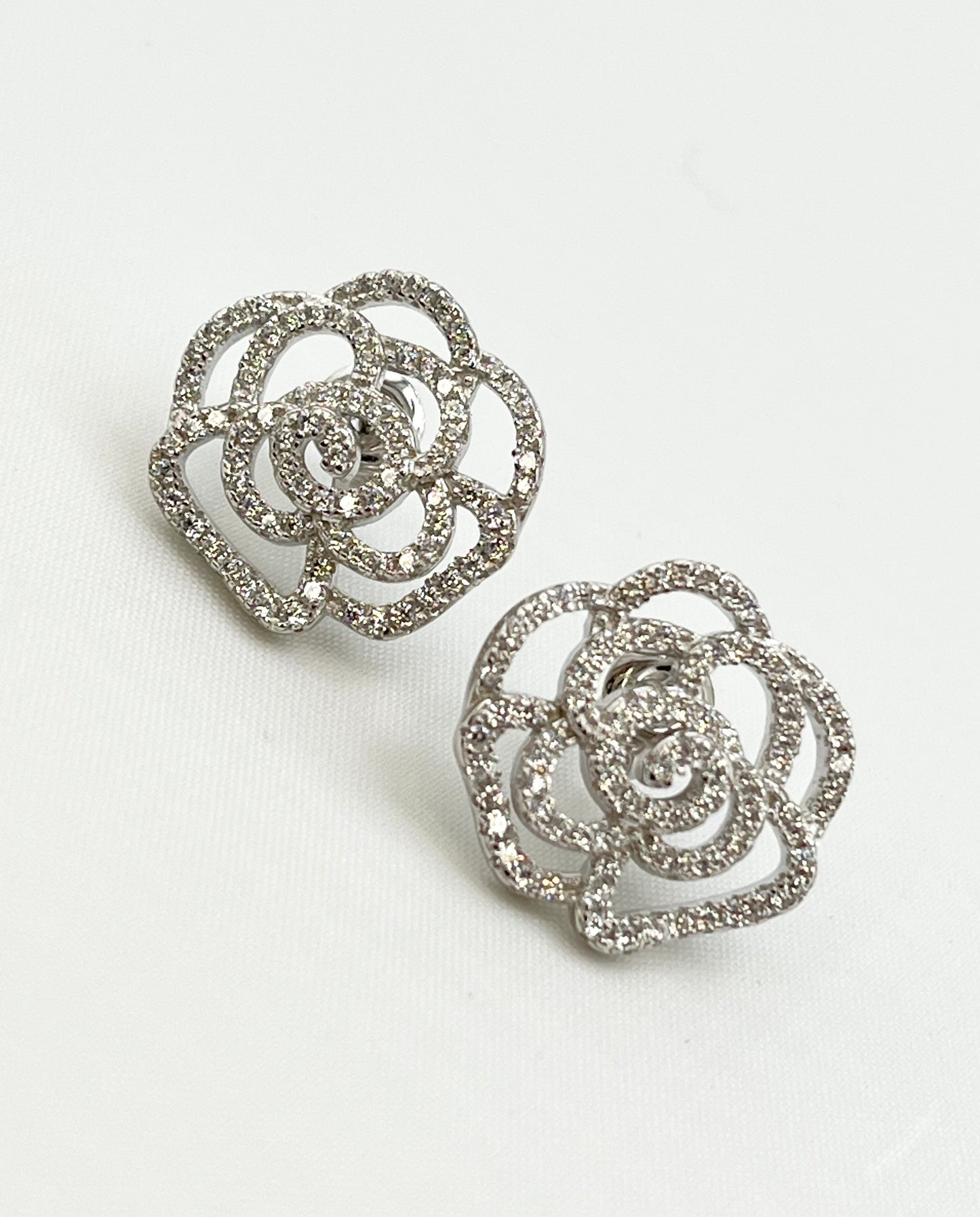 925 Sterling Silver Camelia Flower CZ Stud Earrings