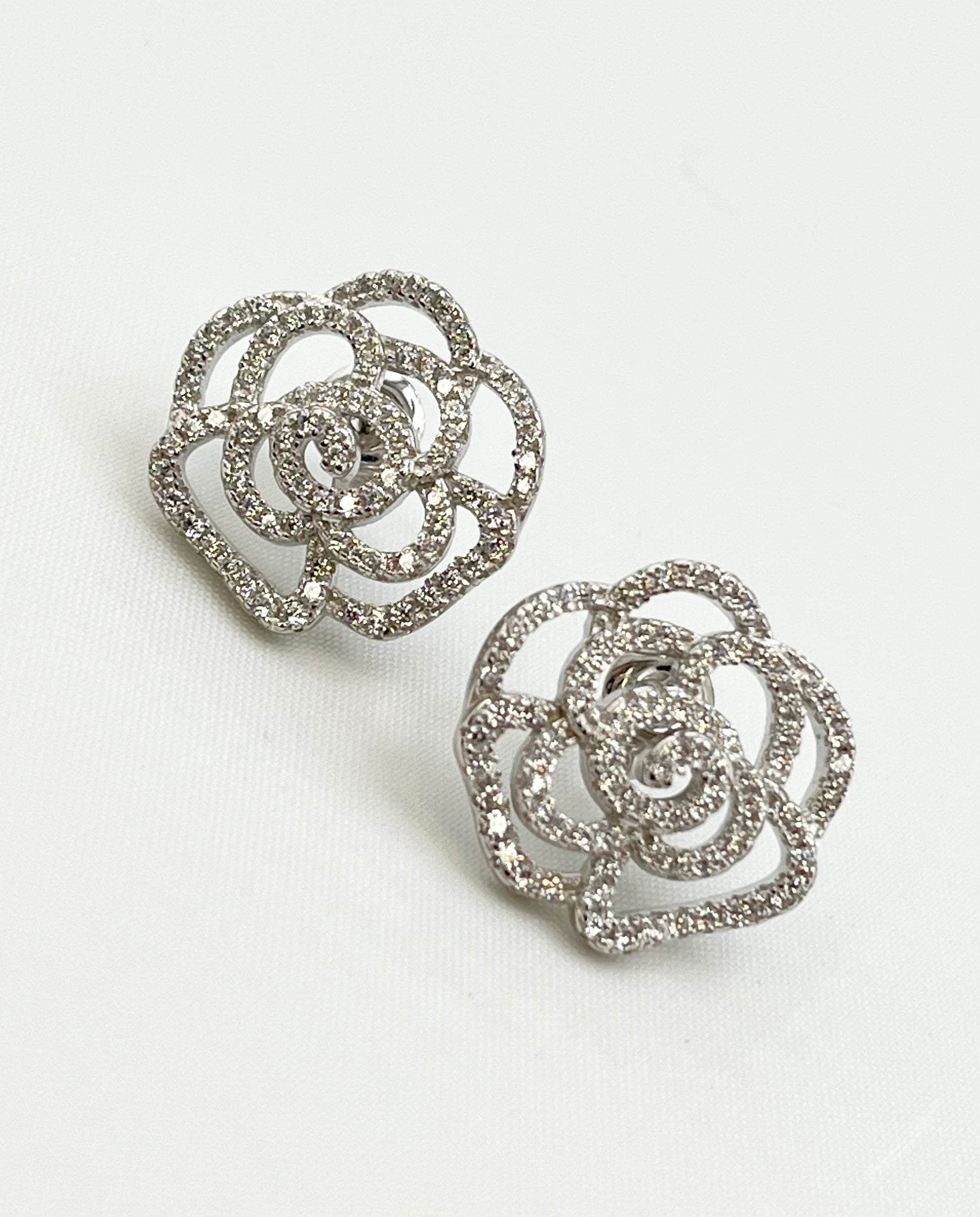 925 Sterling Silver Camelia Flower CZ Stud Earrings