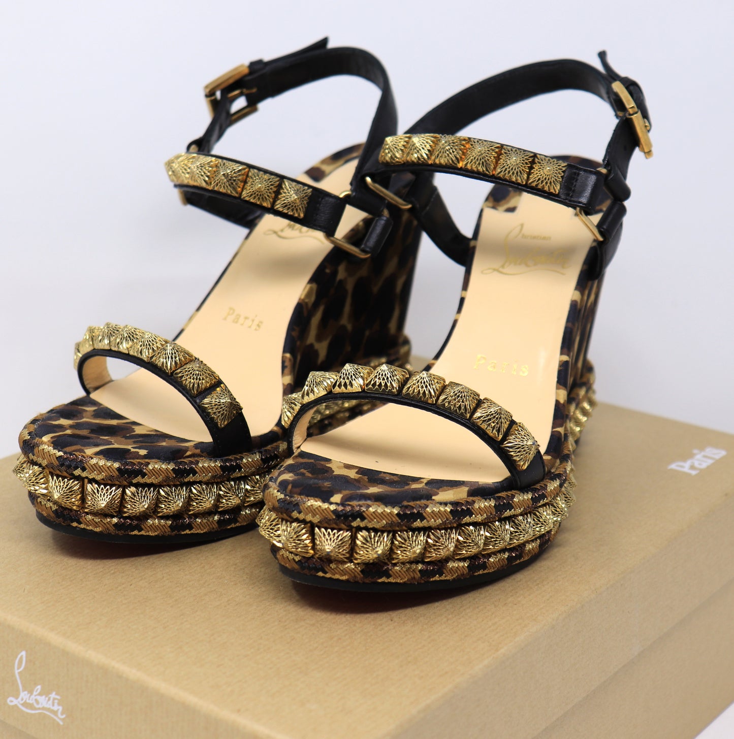 Christian Louboutin Nappa Silk Leopard Pira Ryad 110 Wedge Sandals 36 Black Marron
