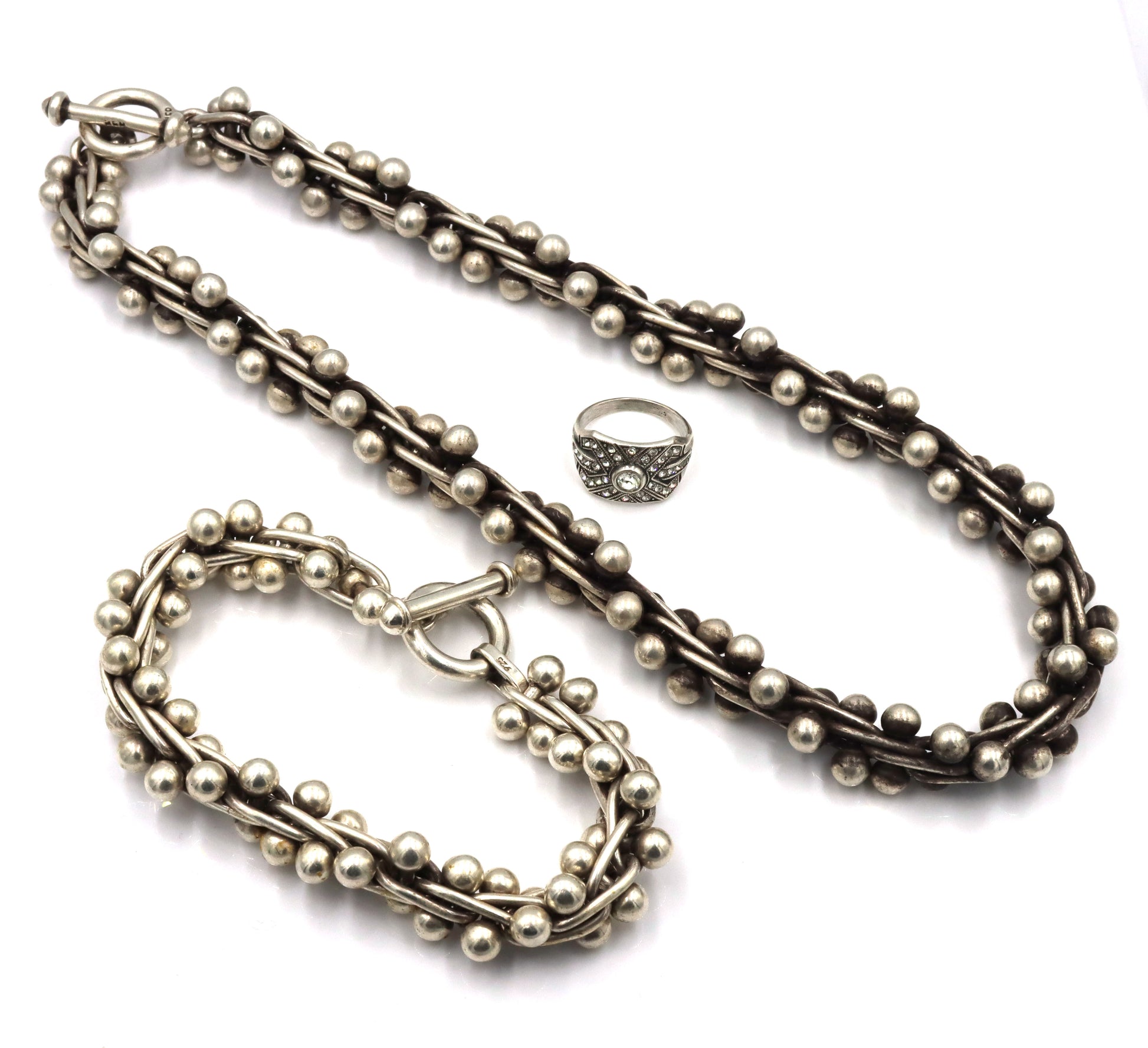 Set of 925 Sterling silver Edinburg Hallmarked beaded necklace and matching bracelet and ring