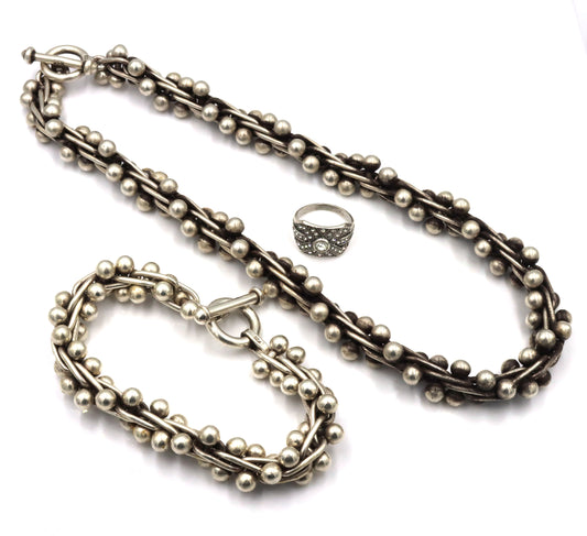 Set of 925 Sterling silver Edinburg Hallmarked beaded necklace and matching bracelet and ring