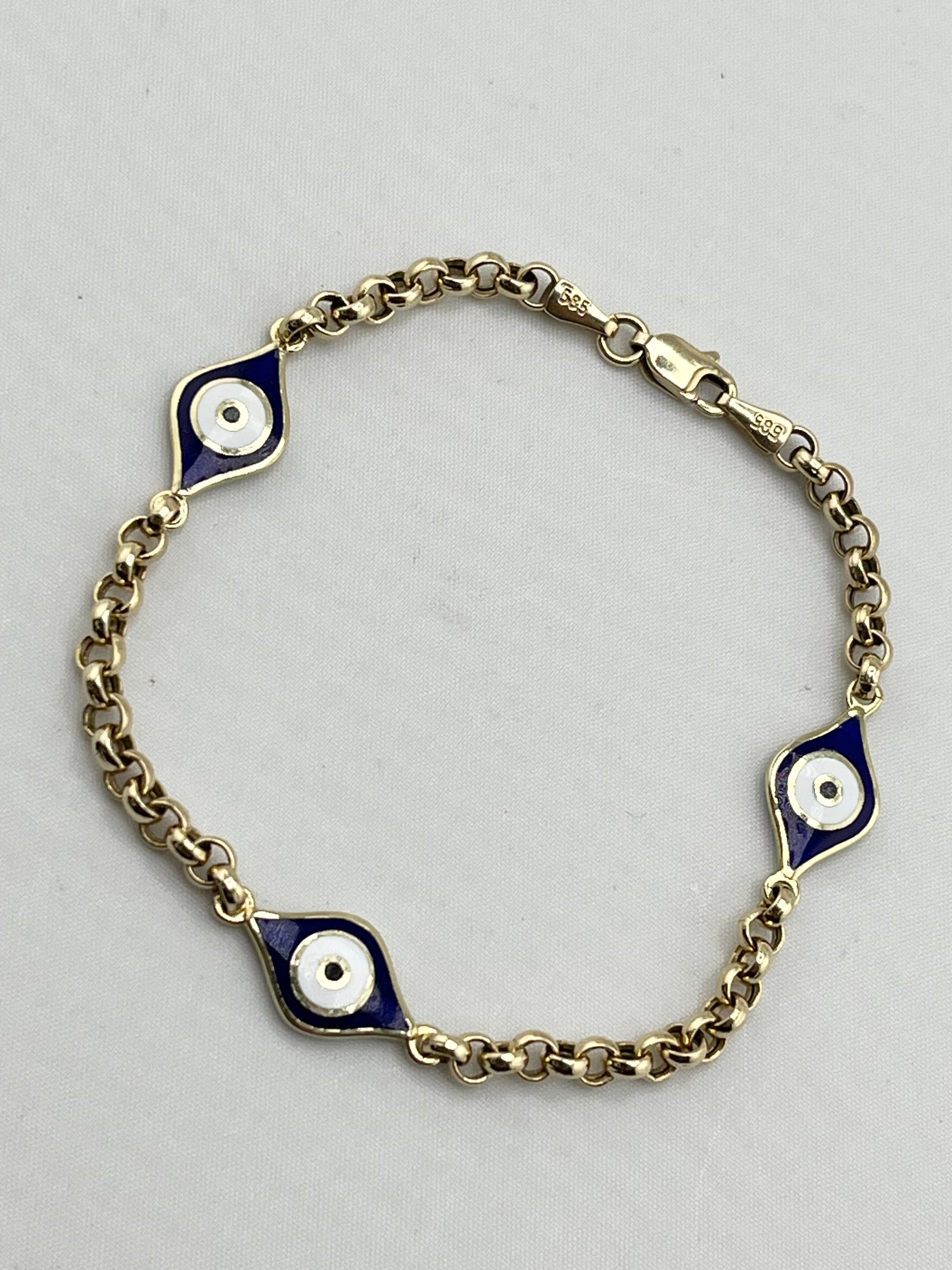 14KT Yellow Gold Two Different Enamel Color Evil Eye With Rolo link Chain