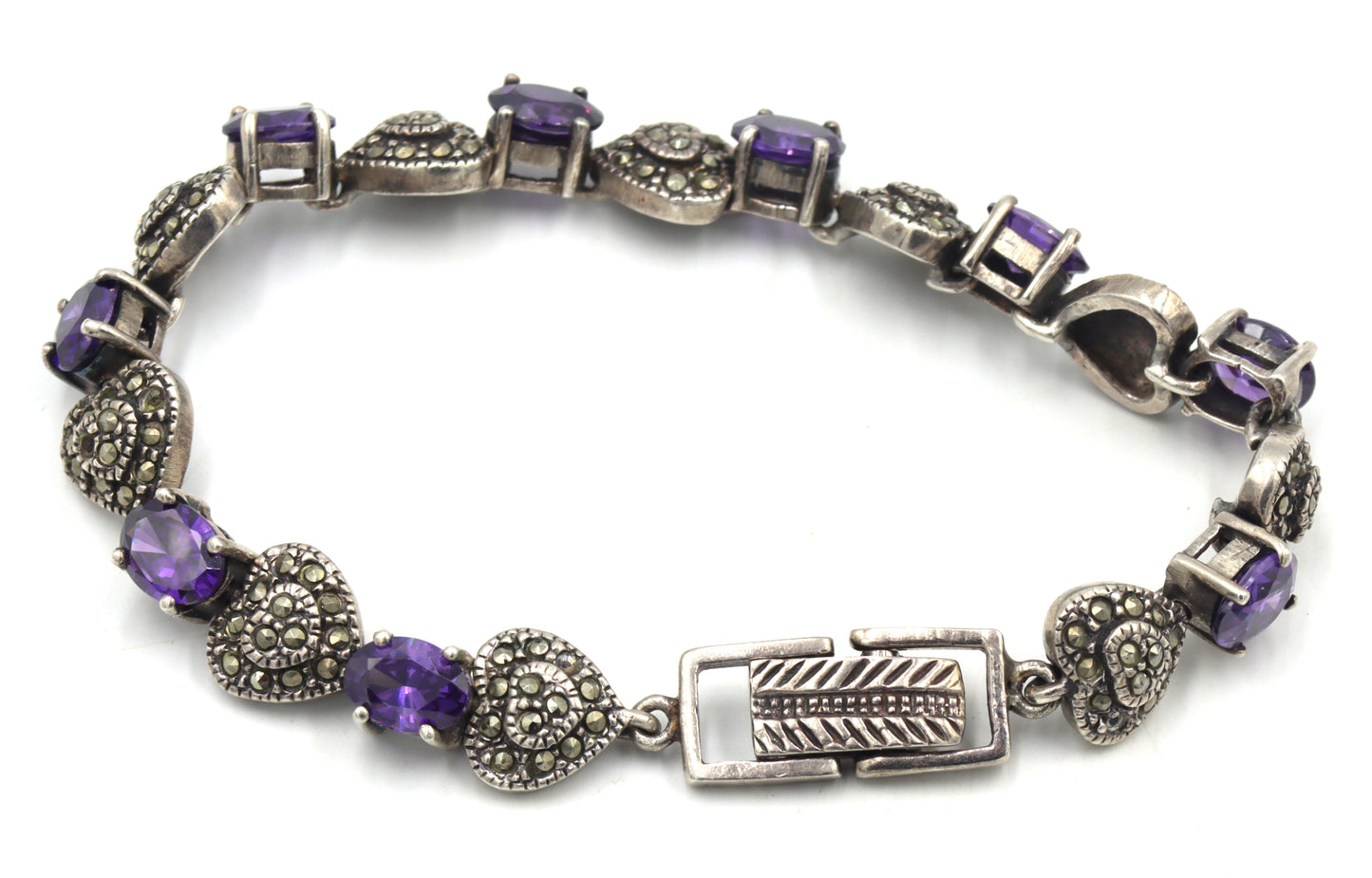 925 Sterling silver marcasite and amethyst link bracelet