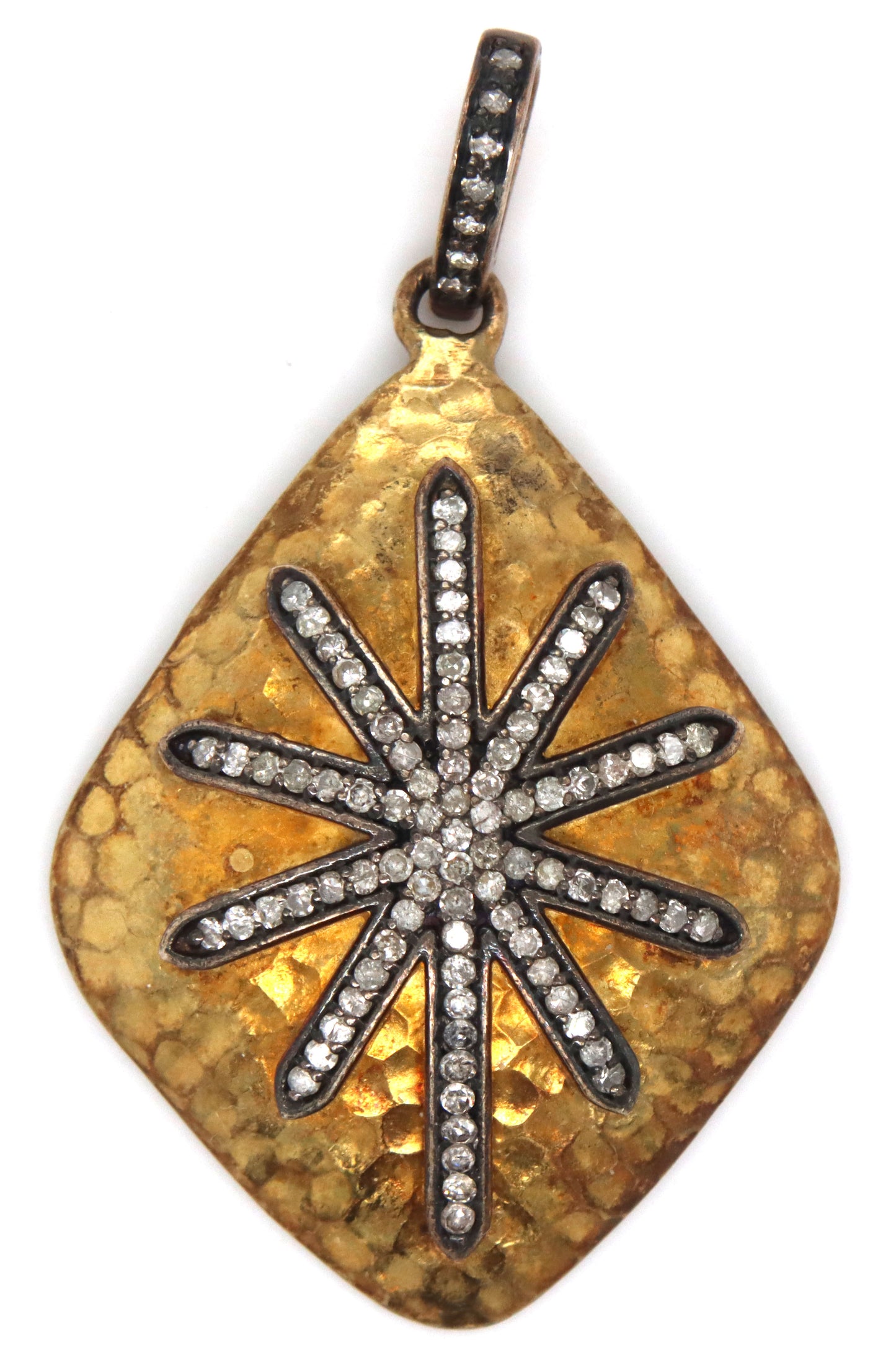 Hammered Starburst pave diamond pendant in yellow gold plated and sterling silver