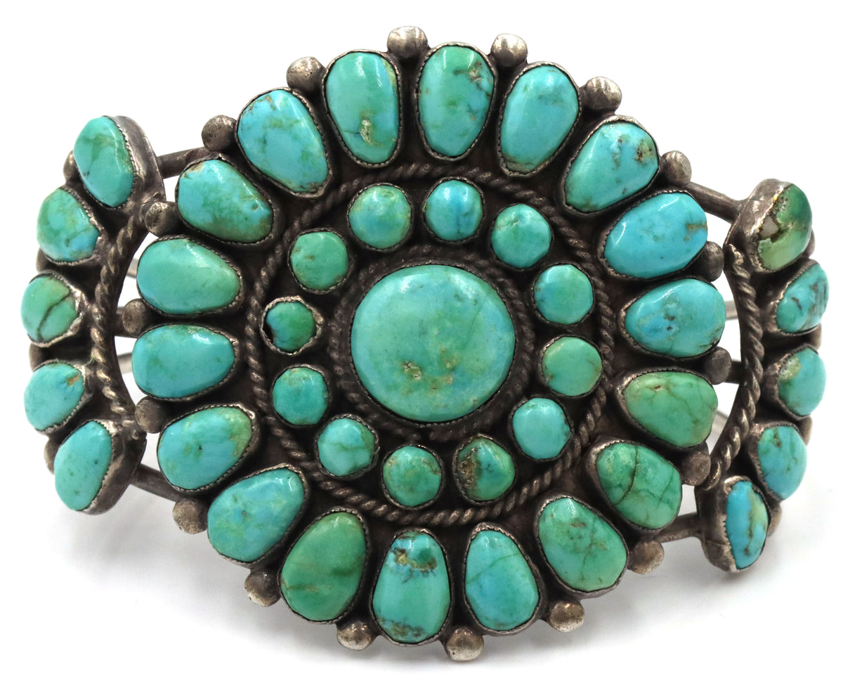 925 Sterling Silver Vintage Natiove American Natrural Turquoise Cluster Cuff Bracelet Featuring a La