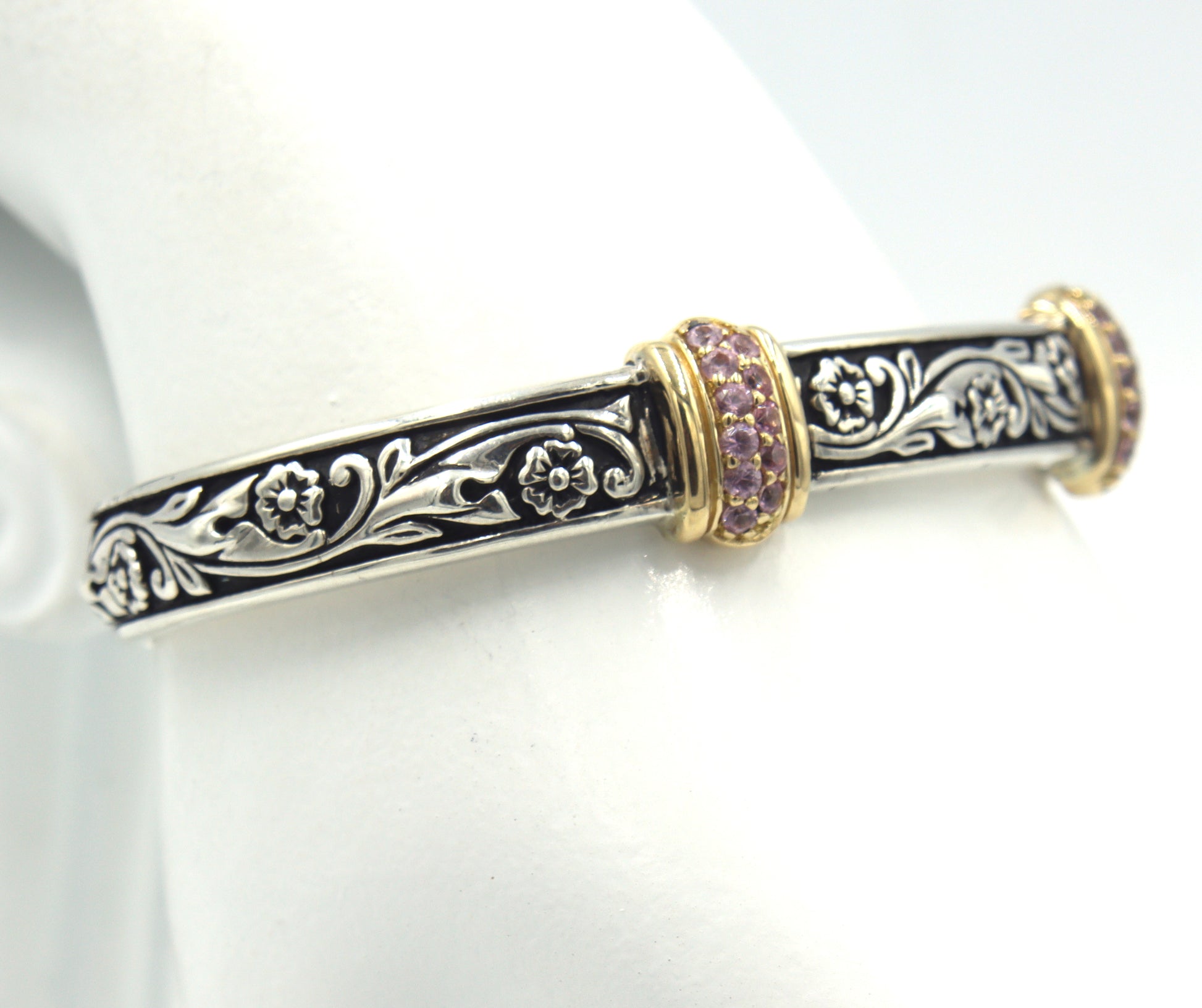 925 Sterling silver two tone cuff bangle with pave pink sapphire