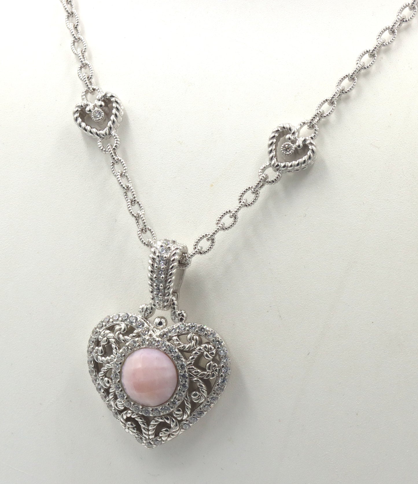Judith Ripka silver heart station necklace with pink quartz heart enhancer