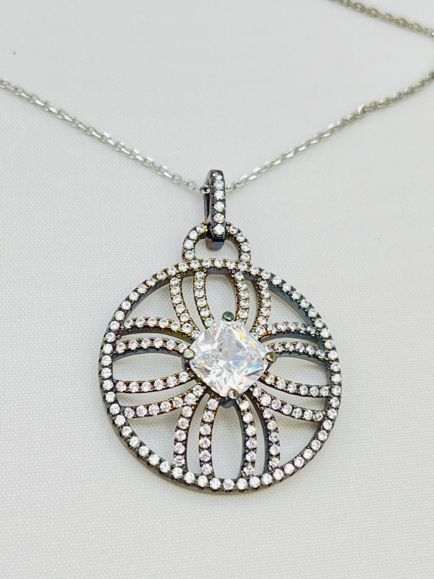 925 Sterling Silver Crystal Pave Classica Pendant With Chain Necklace